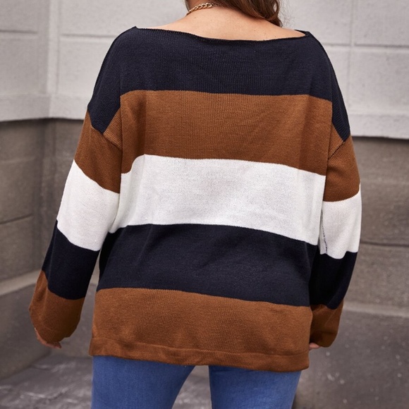 PLUS color block off shoulder knit sweater fall - Picture 3 of 4